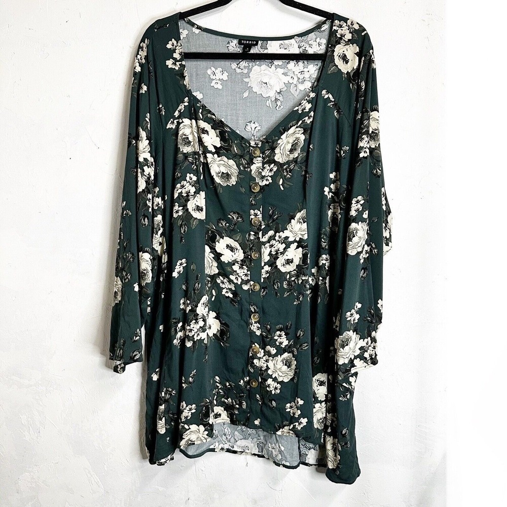 Torrid Floral Green Peplum Blouse Womens 4X Top Stretchy Comfort